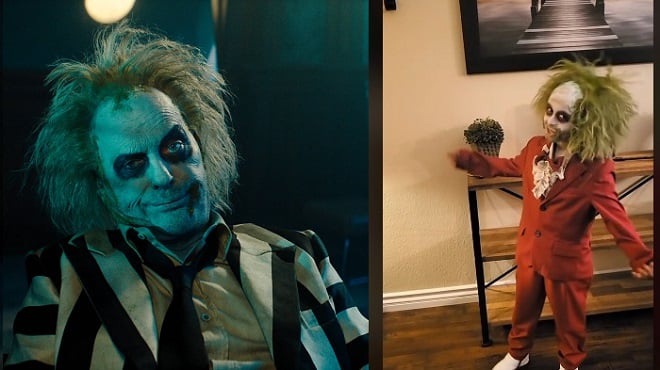 Beetlejuice d'un côté et un enfant déguisé de l'autre