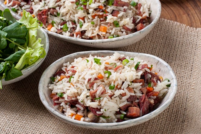 Salade de lentilles, riz et boeuf.