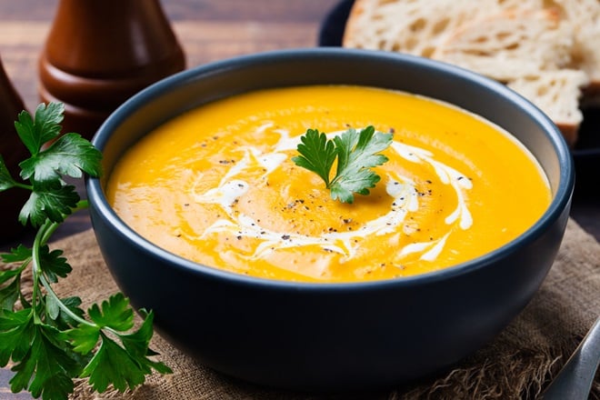 bol de velouté aux légumes et lait de coco