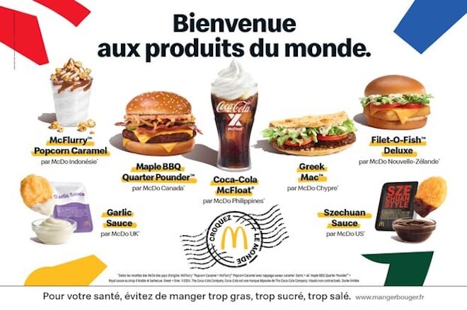 Affiche McDonald's annonçant l'arrivée de 7 nouveaux produits du monde entier.