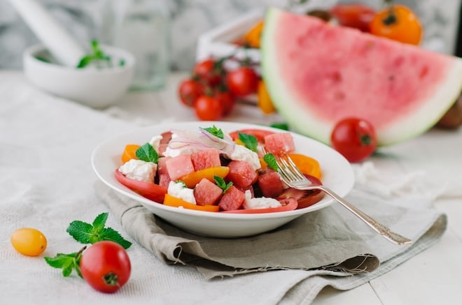 Assiette de melon, pastèque et feta